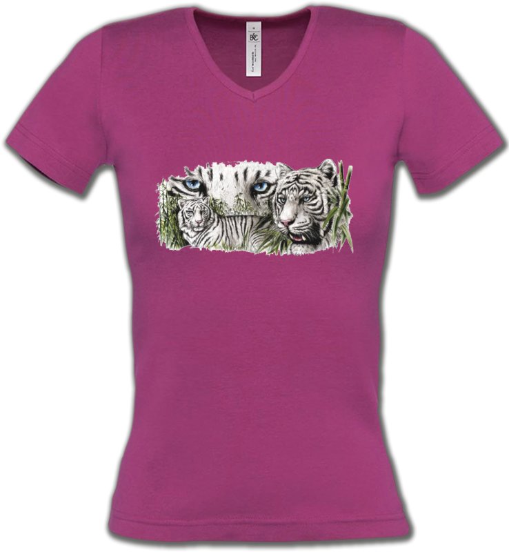 T-Shirts Col V Femmes Safari Tigres blancs (D)