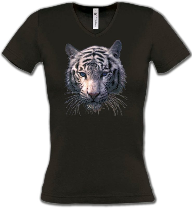 T-Shirts Col V Femmes Safari Tête de tigre blanc (X)