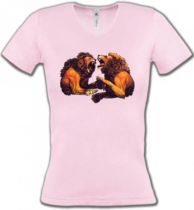 T-Shirts Col V Femmes Safari Lions féroces (C)