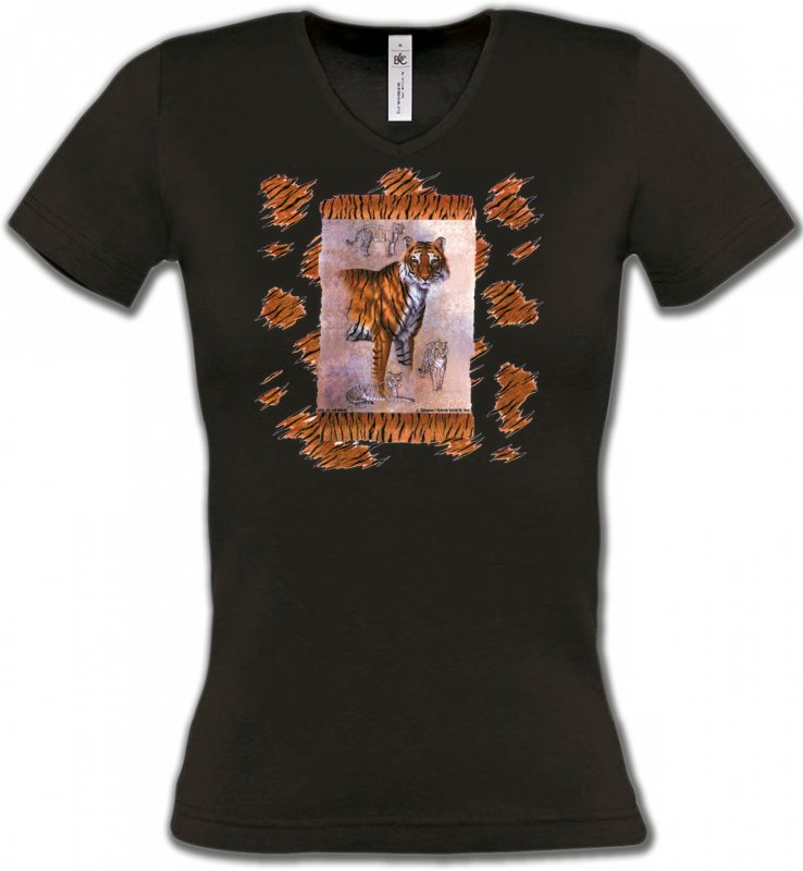 T-Shirts Col V Femmes Safari Tigre (F2)