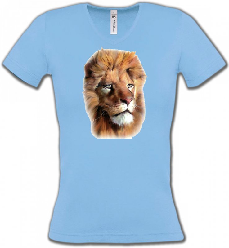 T-Shirts Col V Femmes Safari Tête de Lion