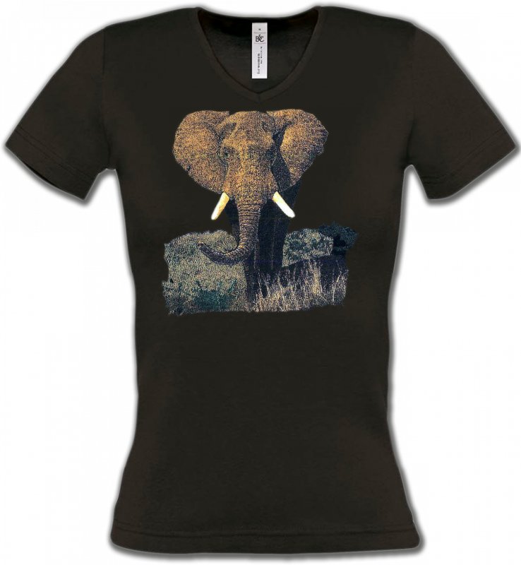 T-Shirts Col V Femmes Safari Eléphant
