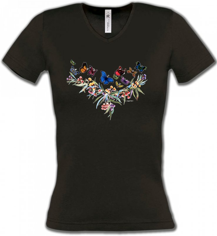 T-Shirts Col V Femmes Papillons Papillons - 3