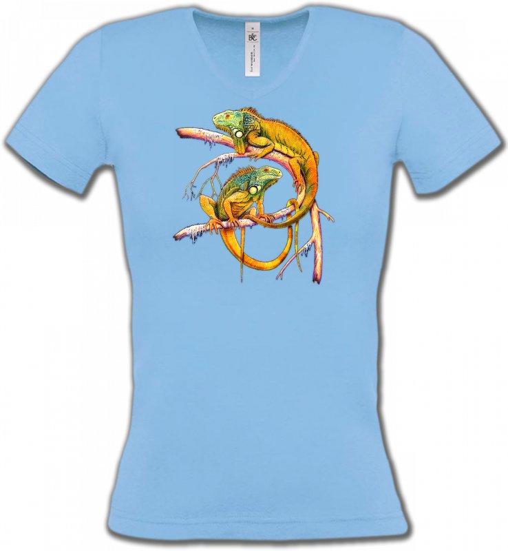 T-Shirts Col V Femmes Reptiles Iguanes