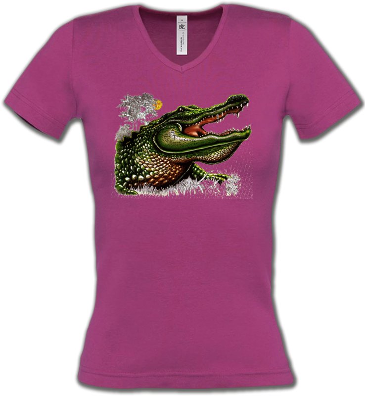 T-Shirts Col V Femmes Reptiles Crocodile (C)
