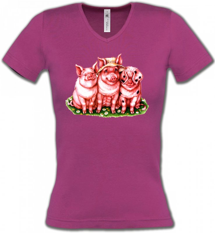 T-Shirts Col V Femmes Cochon 3 cochons (B)
