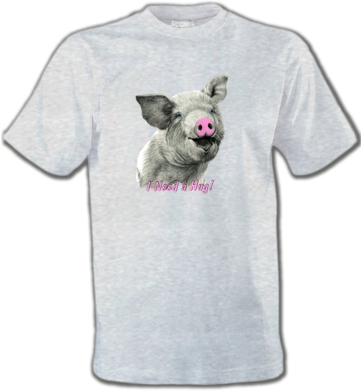 T-Shirts Col Rond Unisexe Cochon Cochon gris nez rose (C)