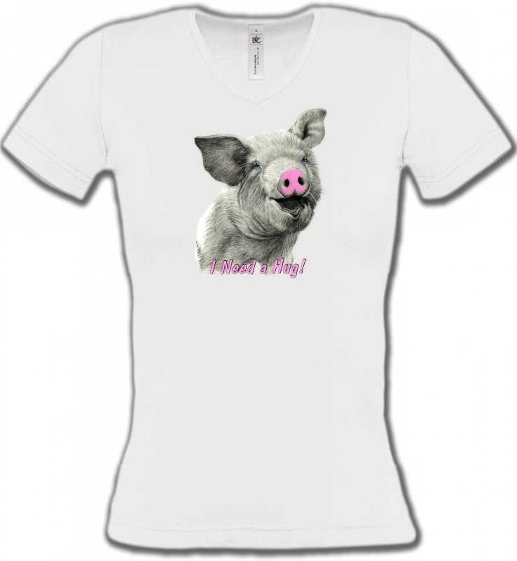 T-Shirts Col V Femmes Cochon Cochon gris nez rose (C)