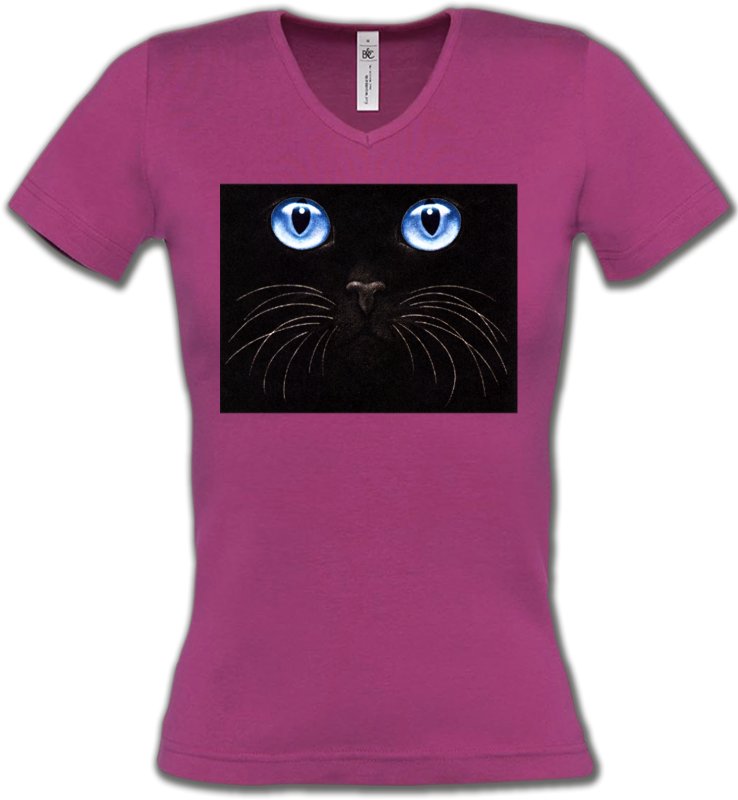 T-Shirts Col V Femmes Races de chats Chat noir yeux bleus (S)