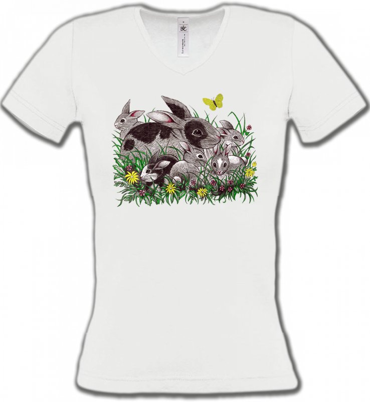 T-Shirts Col V Femmes Lapin Lapin et ses petits