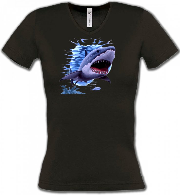 T-Shirts Col V Femmes Aquatique Requin