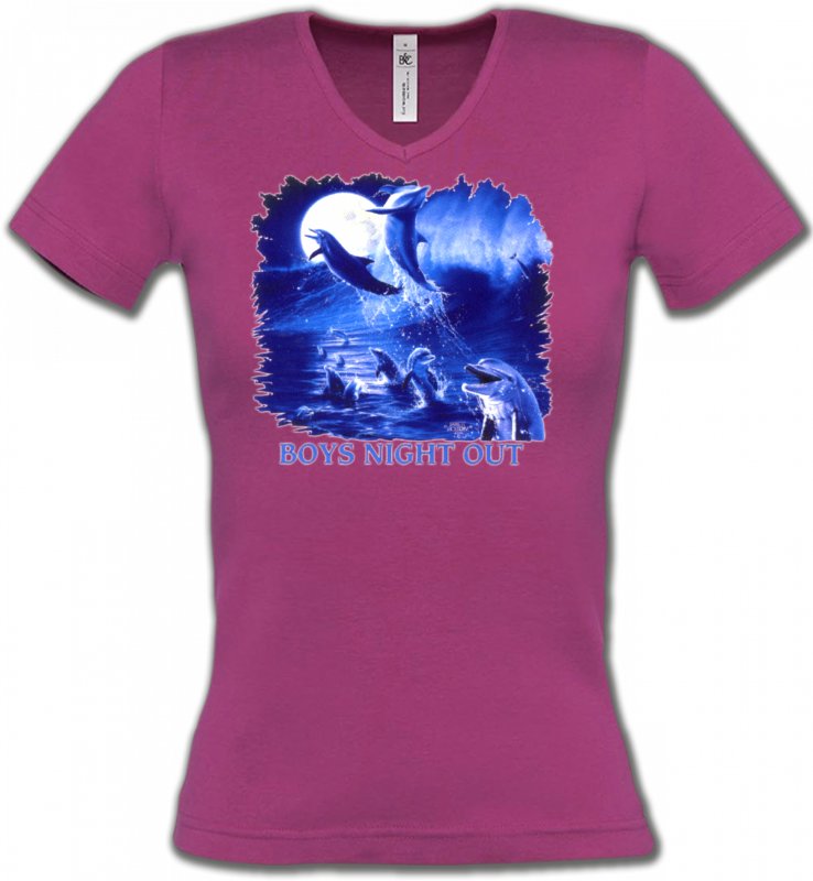 T-Shirts Col V Femmes Aquatique Dauphins au clair de lune