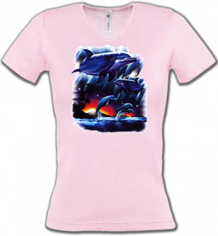 T-Shirts Col V Femmes Aquatique Dauphins au coucher de soleil (W2)