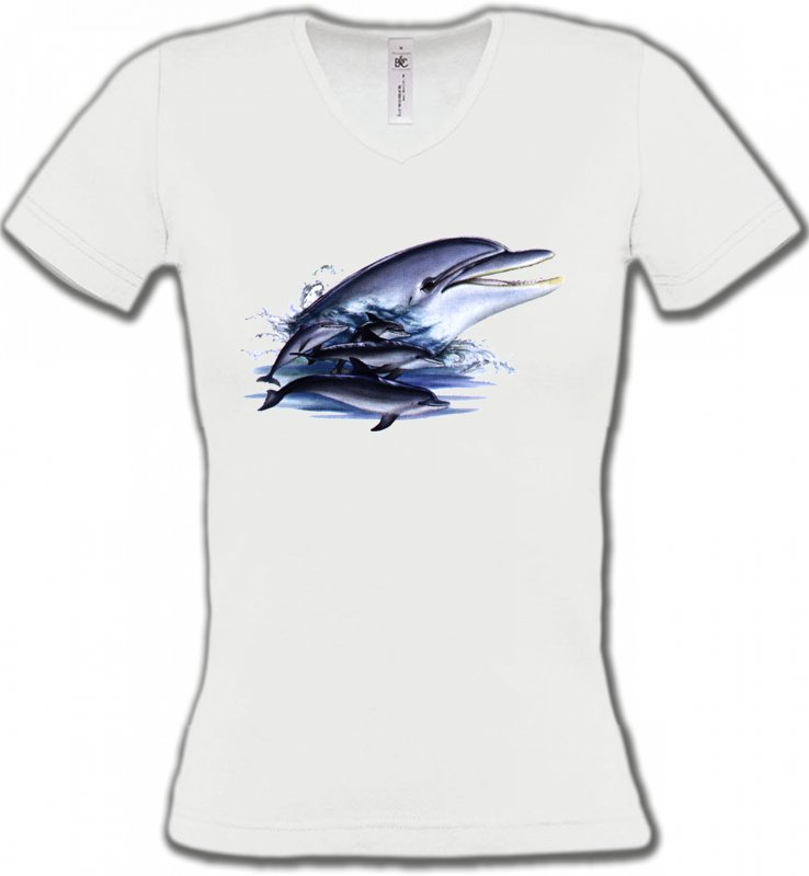 T-Shirts Col V Femmes Aquatique Dauphins (C)