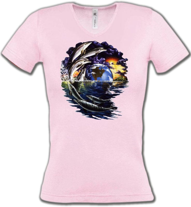 T-Shirts Col V Femmes Aquatique Dauphins (V2)