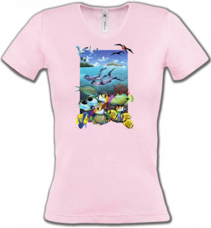 T-Shirts Col V Femmes Aquatique Exploration de fond marin