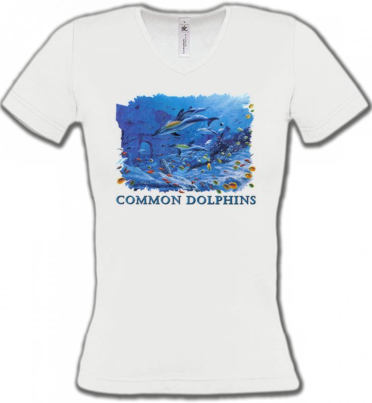 T-Shirts Col V Femmes Aquatique Dauphins qui chassent un banc de poisson (K2)