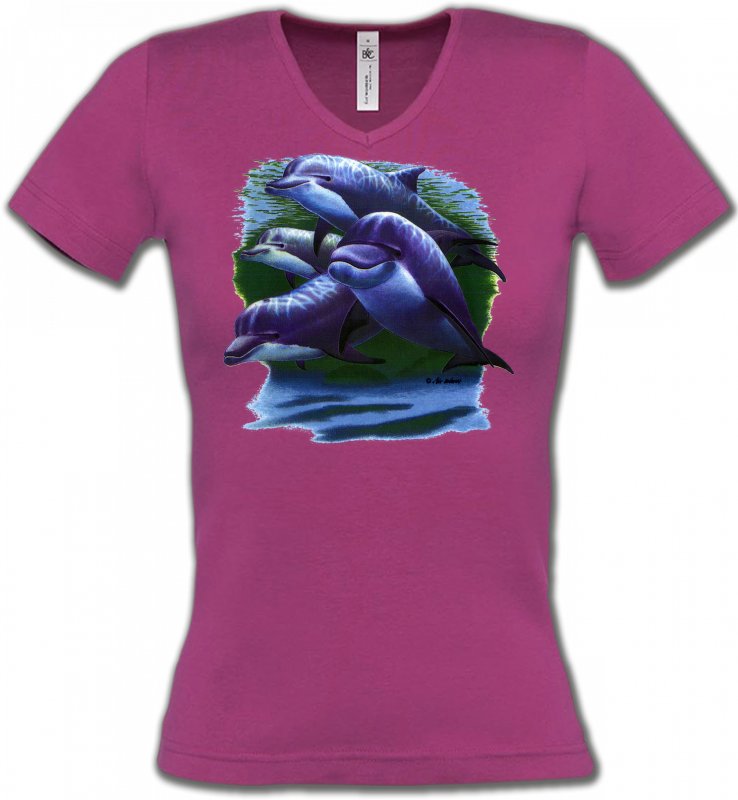 T-Shirts Col V Femmes Aquatique 4 dauphins