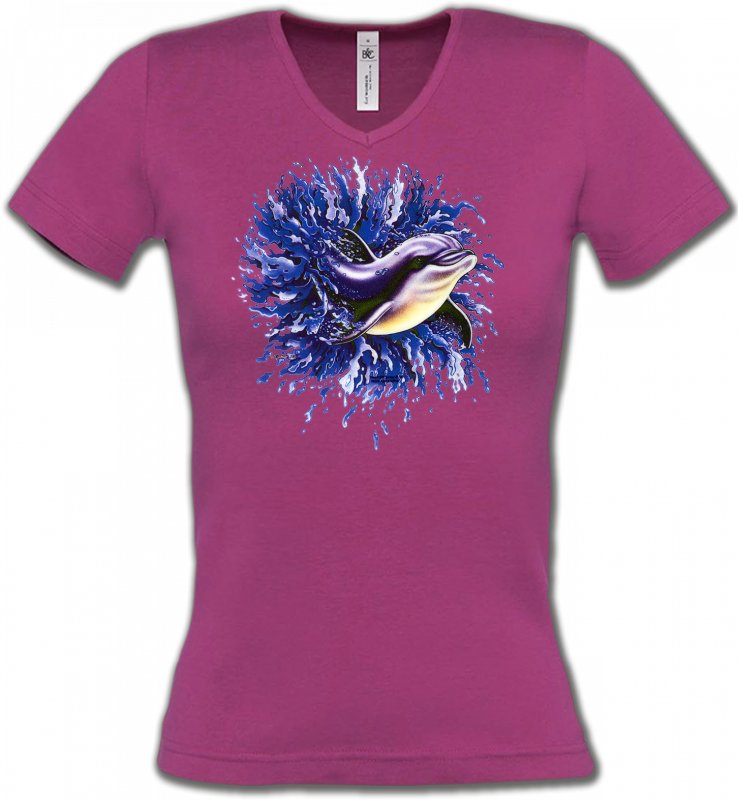 T-Shirts Col V Femmes Aquatique Dauphins (H)