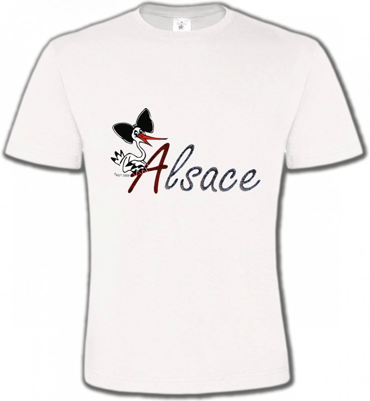 T-Shirts Col Rond Unisexe Alsace  souvenir Cigogne à la coiffe Alsacienne