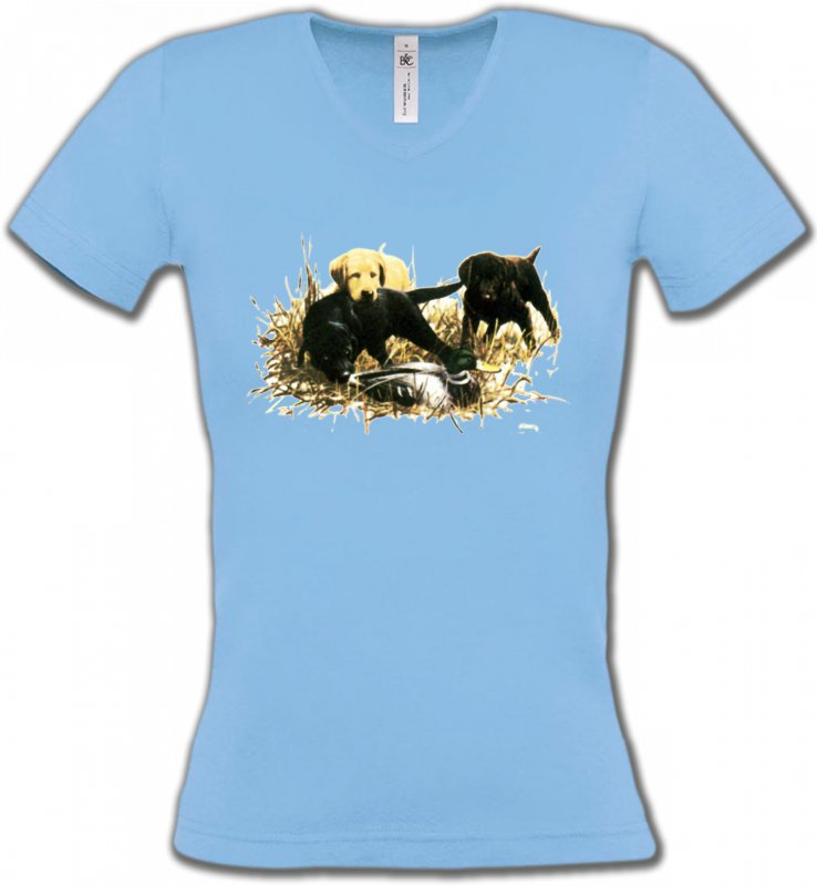T-Shirts Col V Femmes Labrador Labradors qui jouent (Y)