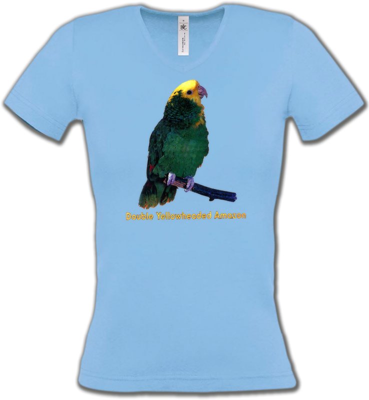 T-Shirts Col V Femmes oiseaux exotiques Perroquet Amazone à double front jaune (H)