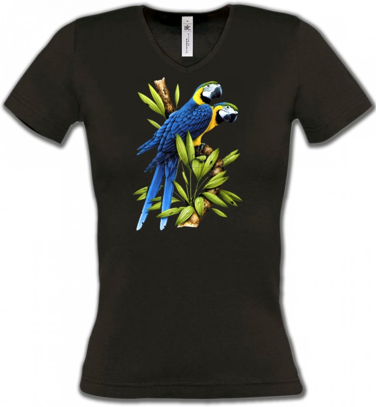 T-Shirts Col V Femmes oiseaux exotiques Couple de perroquet Ara ararauna bleu (R)