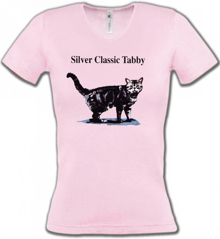 T-Shirts Col V Femmes Races de chats Chat tigré gris (Y)