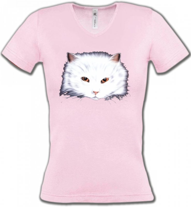 T-Shirts Col V Femmes Races de chats Chat Angora blanc