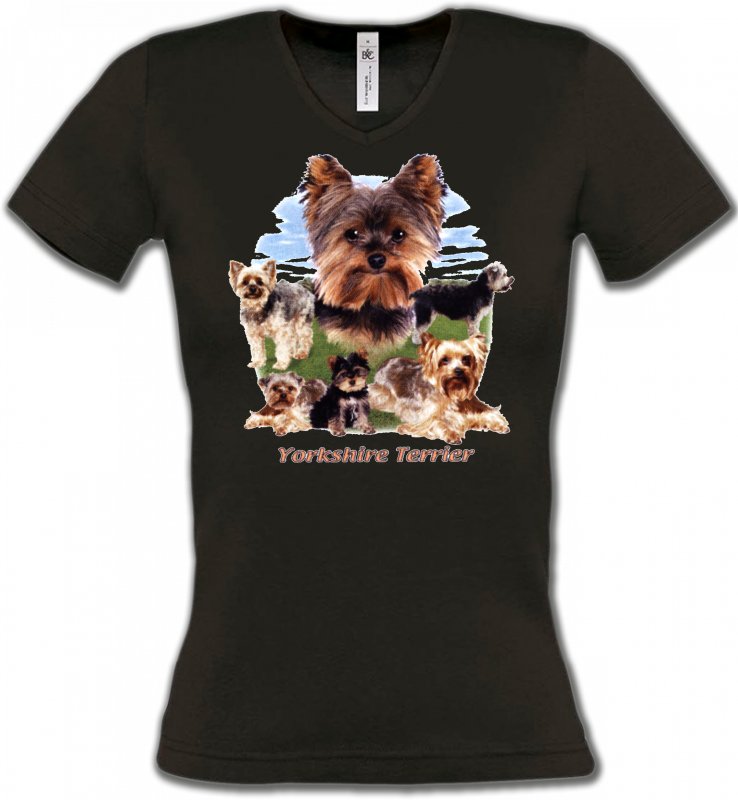 T-Shirts Col V Femmes Yorkshires Yorkshire terrier Paysage (B)